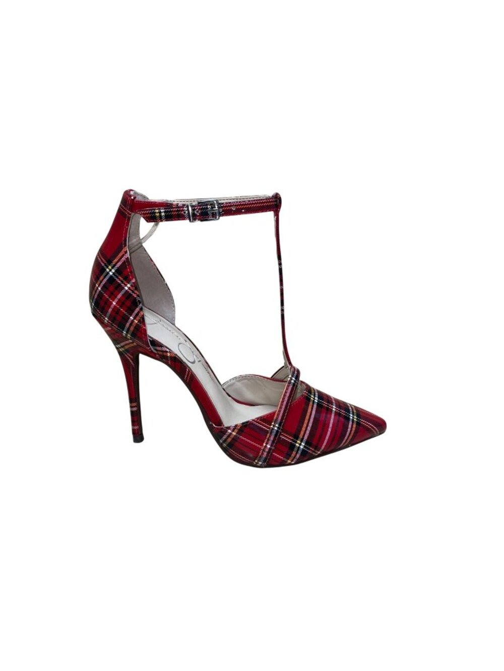 Jessica Simpson Women’s Red Faux Patent T-Strap Plaid Pointed Toe Heels Size 6M